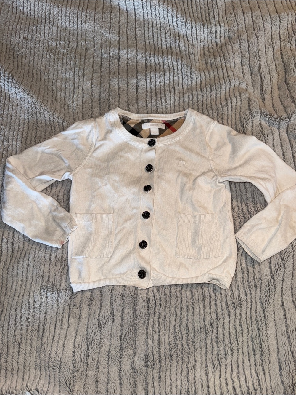 Burberry Kids Cream Button-Front Cardigan with Signature Check Trim